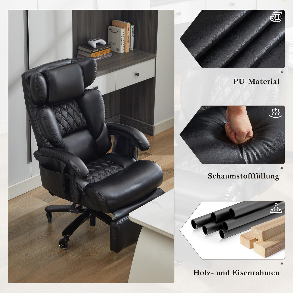 BÜROSTUHL Schwarz 88/70/112.5 cm mit Massagefunktion - Schwarz, Metall (88/112.5/70cm) - PANGIVO