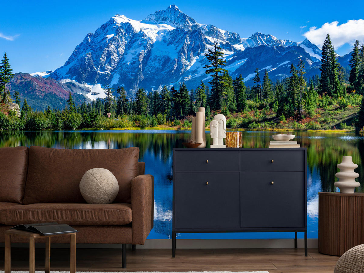 FOTOTAPETE See Berge Wald Landschaft 3D 400x280 - Blau/Beige, Papier (400/280cm) - Muralo