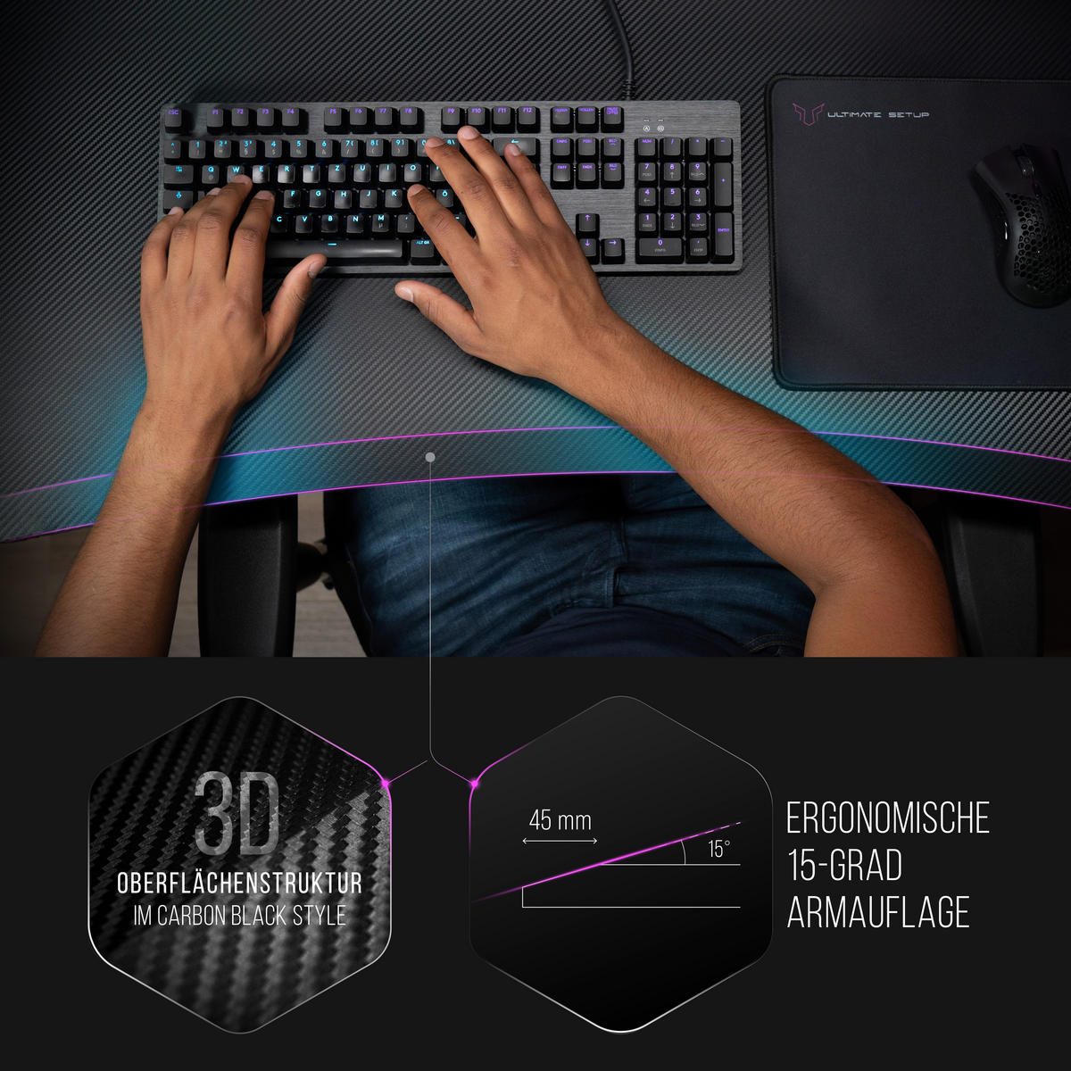 GAMING Tisch höhenverstellbar elektrisch 160x80 cm, Carbon-Optik - Schwarz, Kunststoff (160/80/120cm) - Ultimate Setup