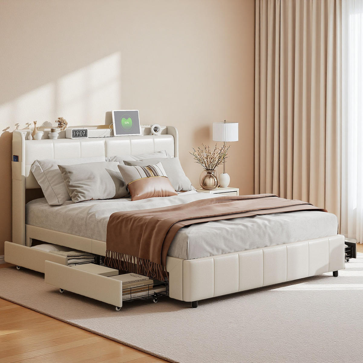 POLSTERBETT 160x200 cm Lattenrost USB Schublade PU Leder weiß - Weiß, Holz (160/200cm) - LEBENLANG