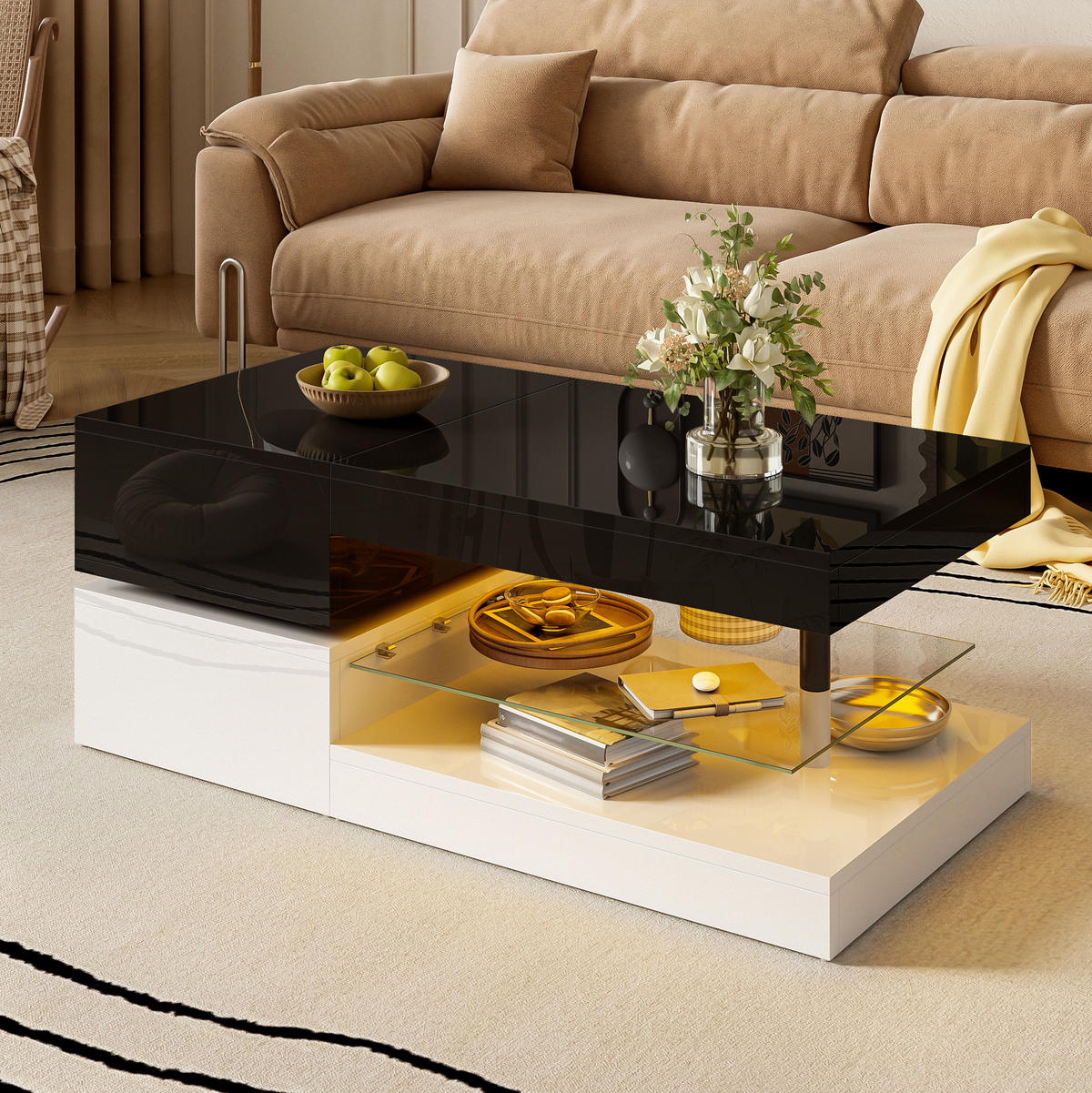 COUCHTISCH aus Spanplatte 90x45x35,5 cm in Schwarz mit LED-Beleuchtung - Schwarz, Holzwerkstoff (90/45/35.5cm) - Modfu