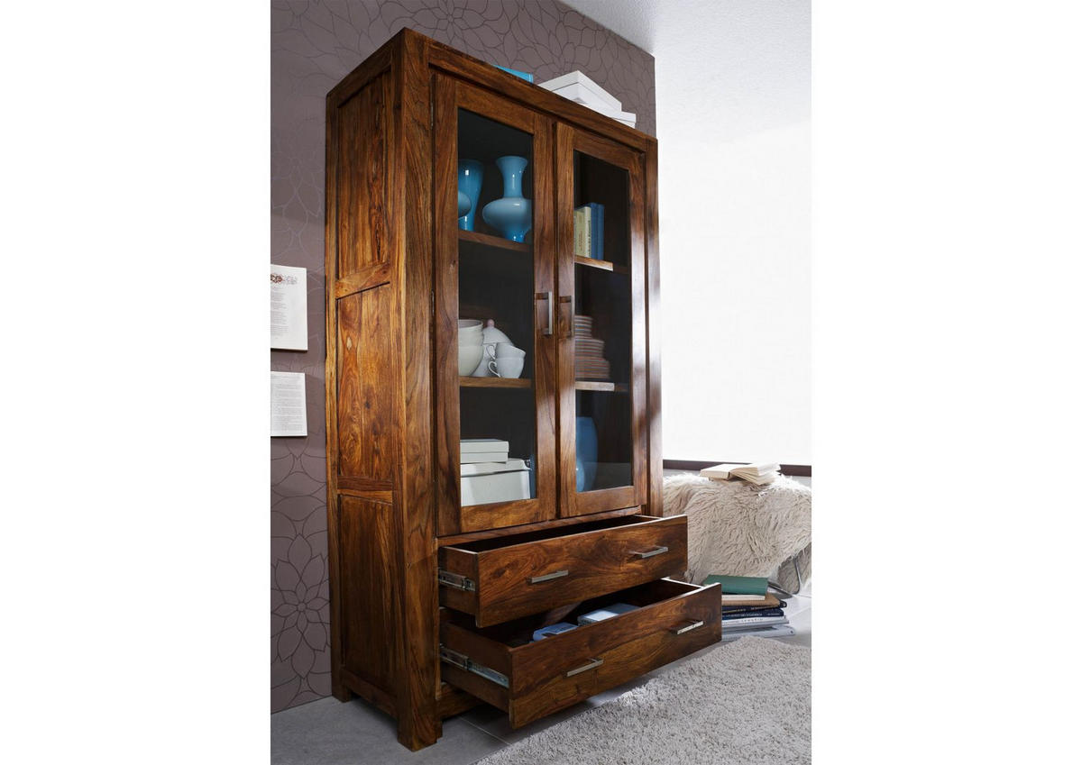 VITRINE Sheesham 100x45x180 braun lackiert METRO LIFE #101 - Braun, Holz (100/180/45cm) - Massivmoebel24