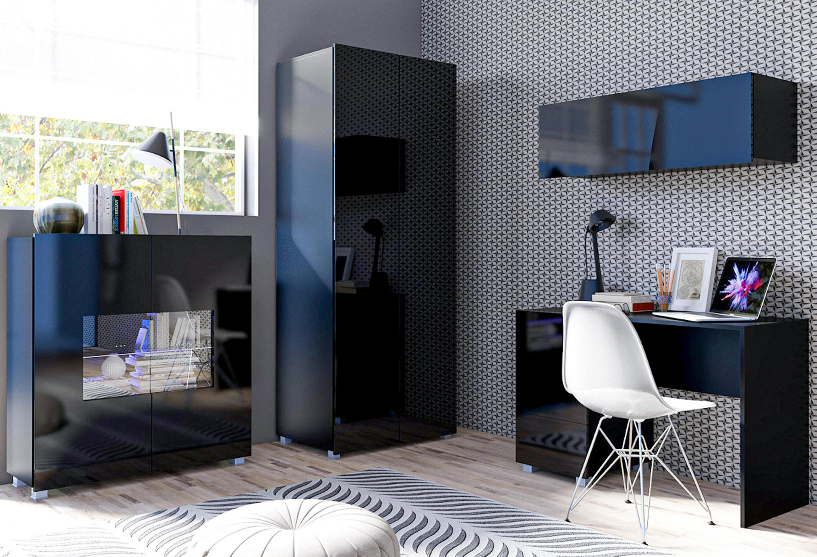 WOHNWAND Kossana 8 Modern Schwarz 290/200/52 cm - Funktional Modern - Schwarz, Holzwerkstoff/Kunststoff (290/200/52cm) - AX Living