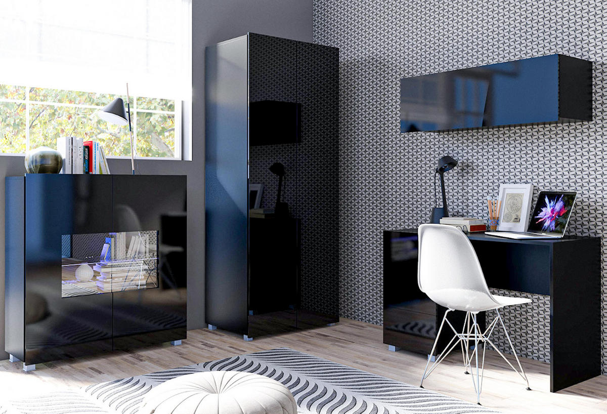 WOHNWAND Kossana 8 Modern Schwarz 290/200/52 cm - Funktional Modern - Schwarz, Holzwerkstoff/Kunststoff (290/200/52cm) - AX Living