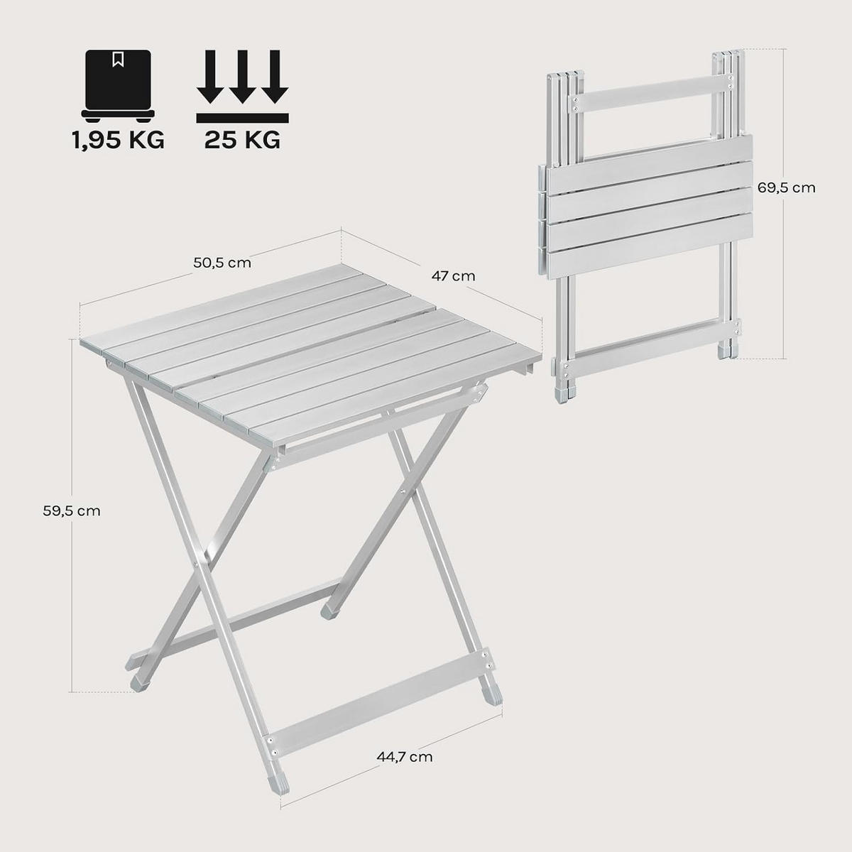 KLAPPTISCH Aluminium 50,5 x 47 x 59,5H cm Silber - Silberfarben, Metall (47/50.5/59.5cm) - Woltu