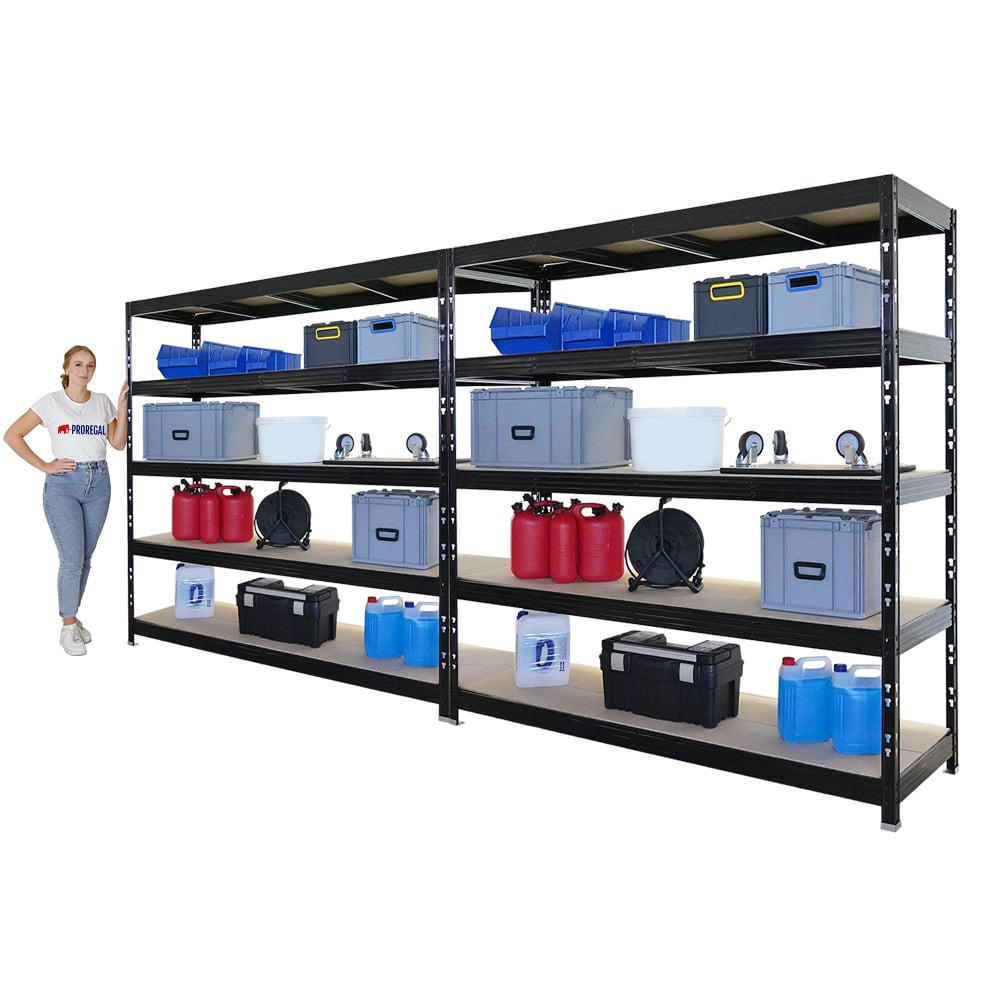 SCHWERLASTREGAL Rhino 2er-Set 200x200x60 cm 5 Spanplatten-Ebenen 8mm Fachlast 500 kg Schwarz - Schwarz, Metall (400/200/60cm) - PROREGAL