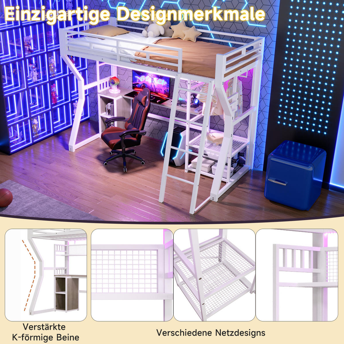 HOCHBETT 90x200 cm in Weiß mit Schreibtisch, Lichtleiste und Steckdose - Weiß, Holzwerkstoff (90/200cm) - IVMEU