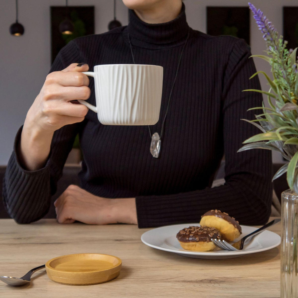 TEETASSE 230 ml mit Holz Untersetzer - Weiß, Keramik (0.23L) - Intirilife