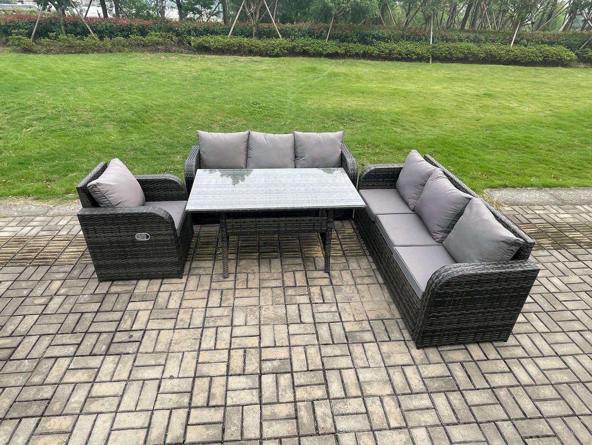 GARTENGARNITUR mit Liegestuhl,3-Sitzer Sofa,2 Hockern Polyrattan Dunkelgrau 7-Sitzer - Dunkelgrau/Grau, Glas/Kunststoff - Fimous