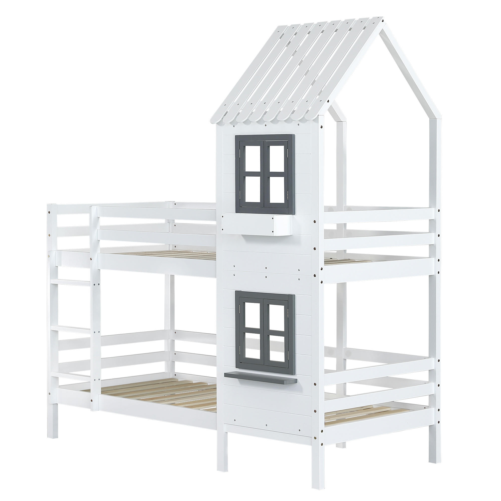 ETAGENBETT 90/200 cm DE-02320, in Weiß, mit Handlauf, Fenster und Hausdesign - Weiß, Holz/Holzwerkstoff (90/200cm) - ComfortXL