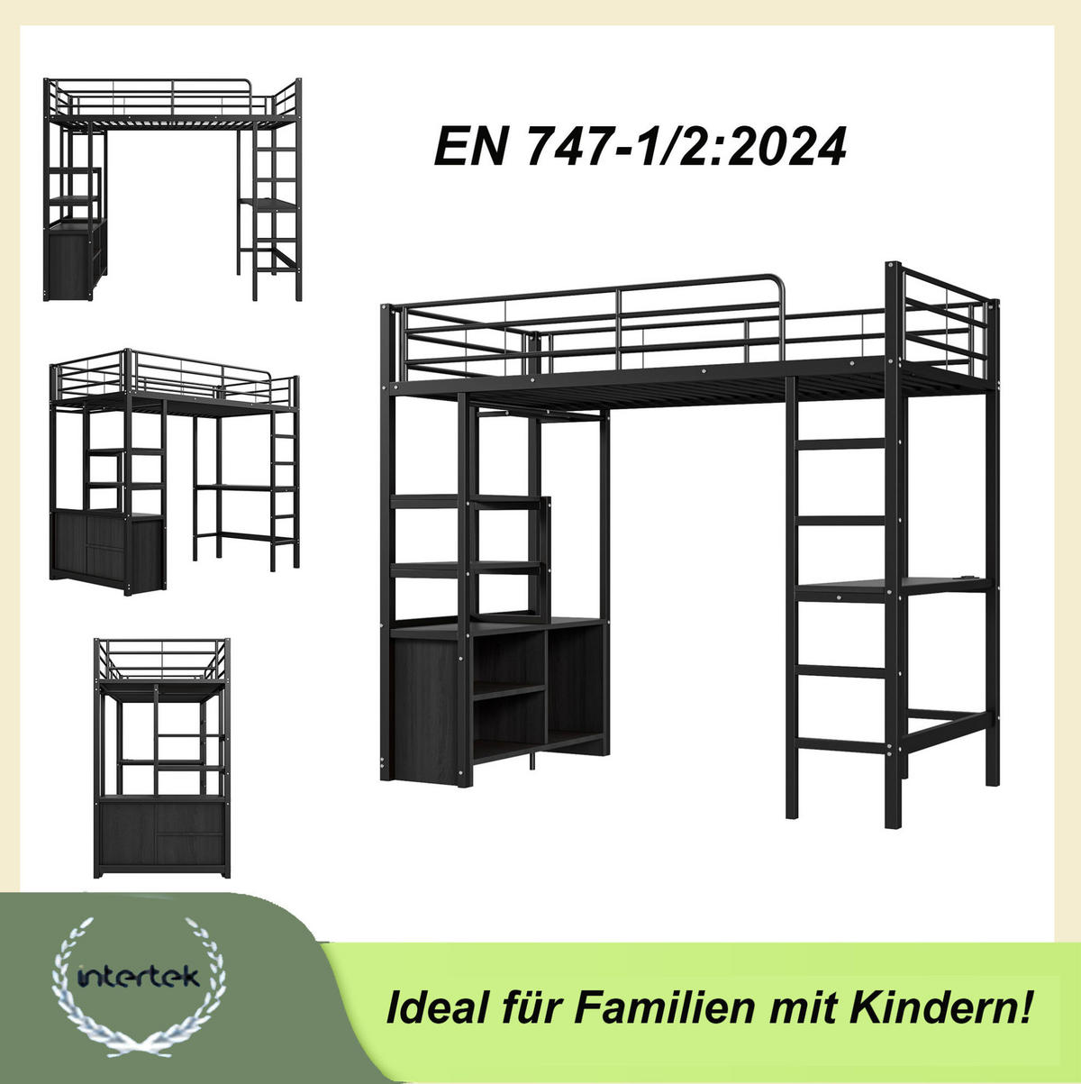 HOCHBETT mit Schreibtisch 90/200 cm in Schwarz – mit Regalen, USB und Rausfallschutz - Schwarz, Metall (90/200cm) - BEAOK