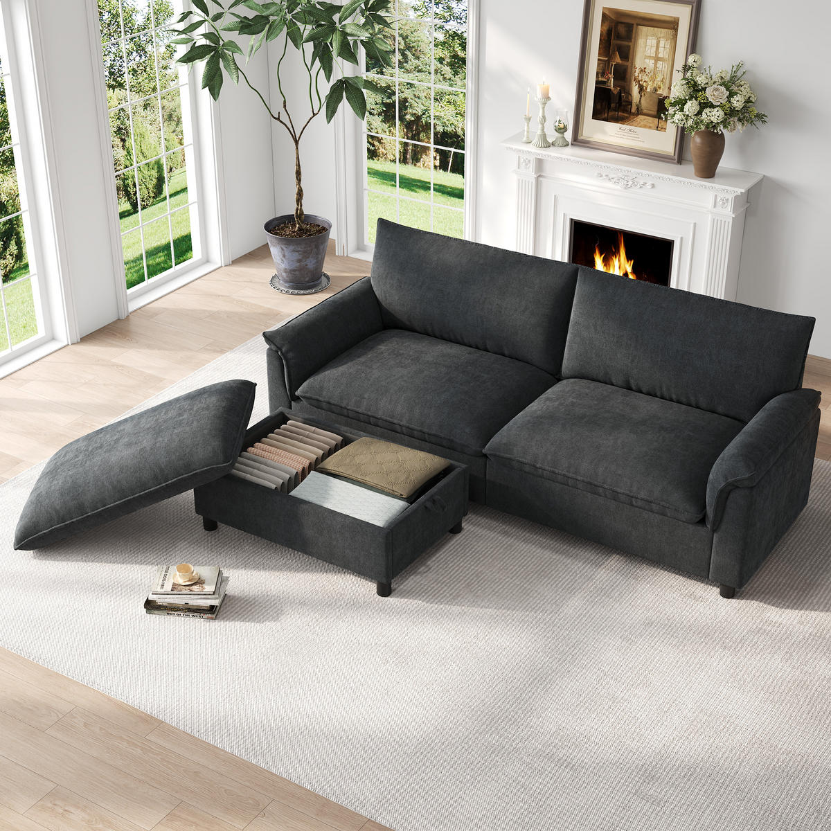 SOFA Schwarz U-Form Cloud Modular Deep Seat 216cm Hocker - Schwarz, Textil (77/82/216cm) - FLIEKS