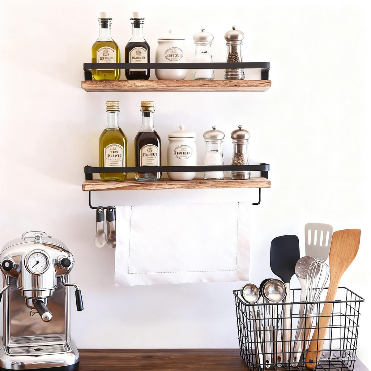 2-DIELNE nástenné police - svetlohnedá, kov/drevo (40/13.5/15cm) - Relaxdays