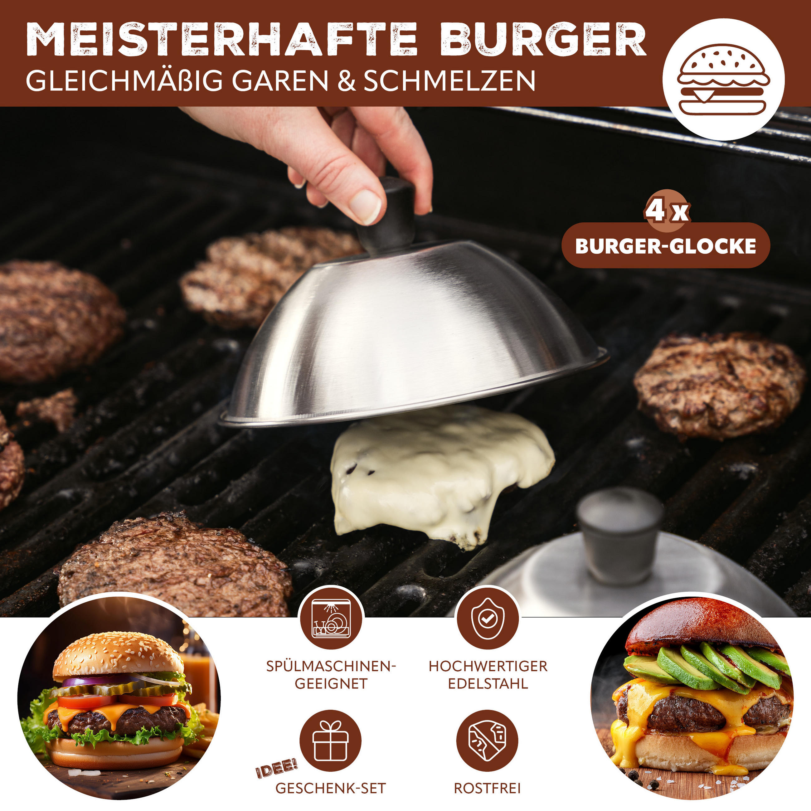 BURGERHAUBEN-SET, silber, Edelstahl, Kunststoff - Edelstahlfarben, Metall (16/9/16cm) - bremermann
