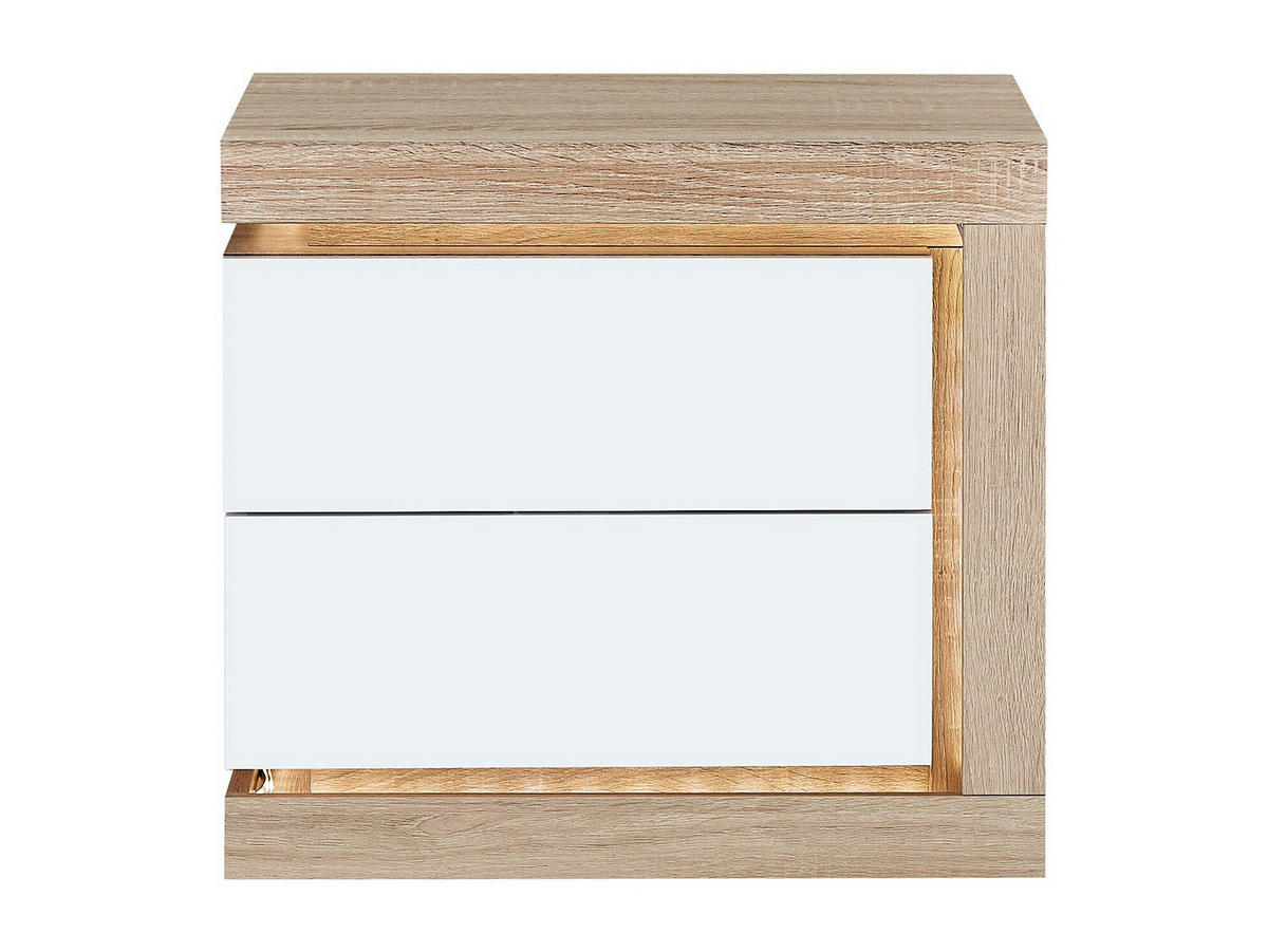NACHTTISCH mit 2 Schubladen - rechte Seite - Mit LED-Beleuchtung - Weiß lackiert und Holzfarben - FLARANCIA - Naturfarben, Holz (50/45/40cm) - Vente-Unique