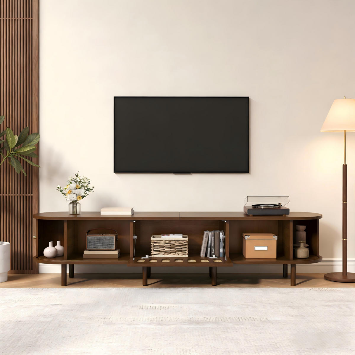 TV-LOWBOARD aus MDF 180x40x40 cm Walnussfarben mit Klapptür, 2 Rolltüren und 5 geschlossenen Fächern - Braun, Holzwerkstoff (180/40/40cm) - Modfu