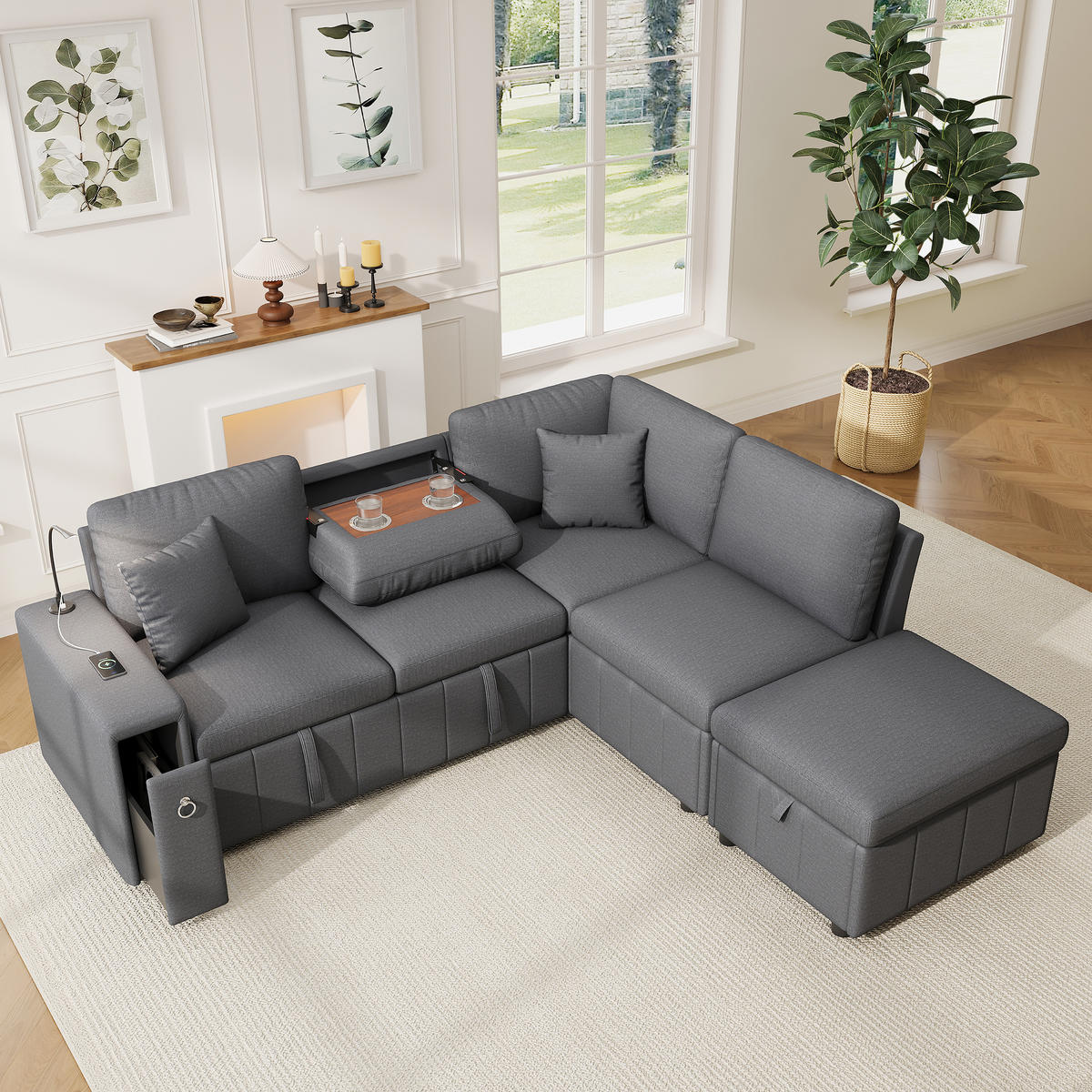 SCHLAFSOFA Grau L-Form USB Stauraum Tisch Leselicht Kissen - Grau, Textil (184/213cm) - FLIEKS