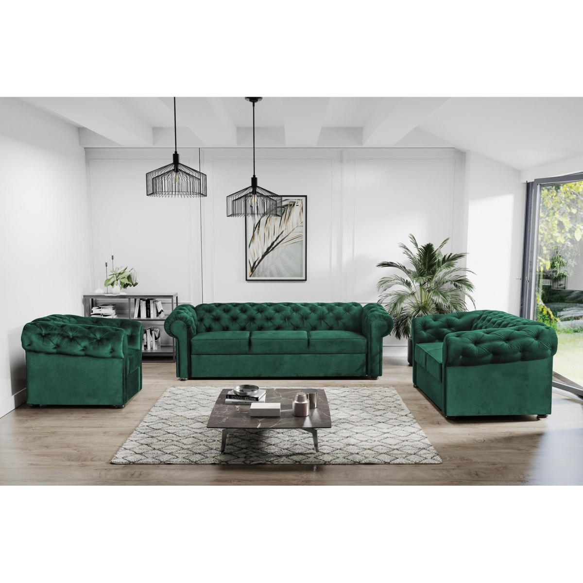 SITZGARNITUR Chester 3+2+1 im Chesterfield-Stil, Dunkelgrün - Dunkelgrün, Textil (252/82/92cm) - Beautysofa