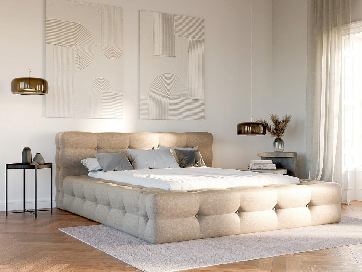 BETT mit Bettkasten - 2 Personen - Stoff - Beige - Beige, Textil (140/190cm) - Vente-Unique