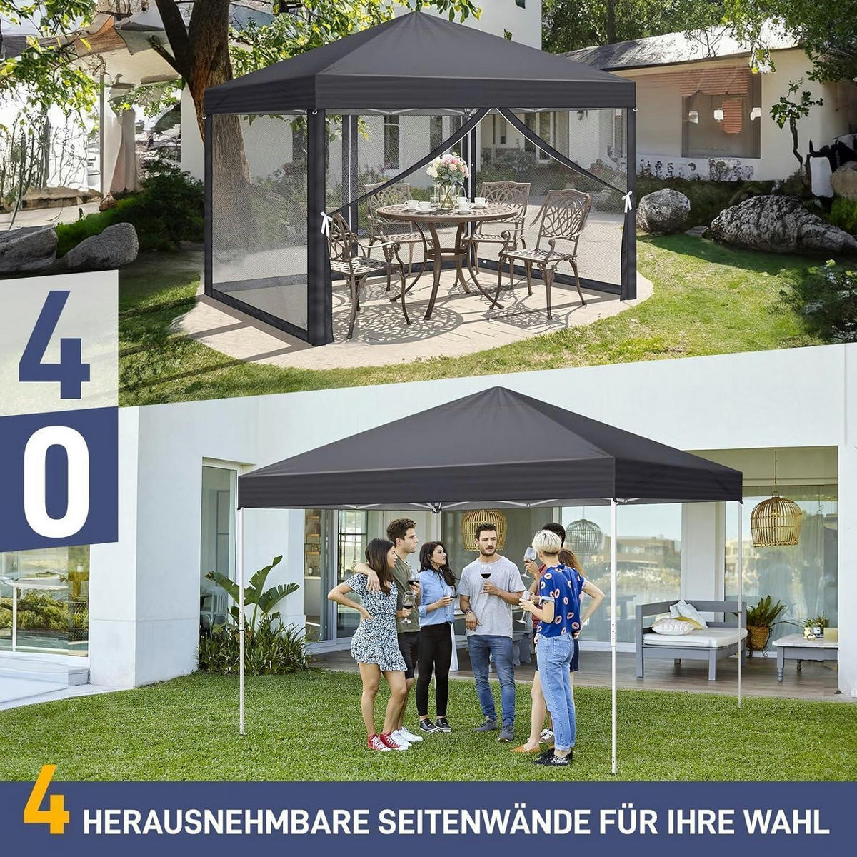 FALTPAVILLON 3x3 m mit Moskitonetzen Anthrazit - Anthrazit, Textil (300/245/300cm)