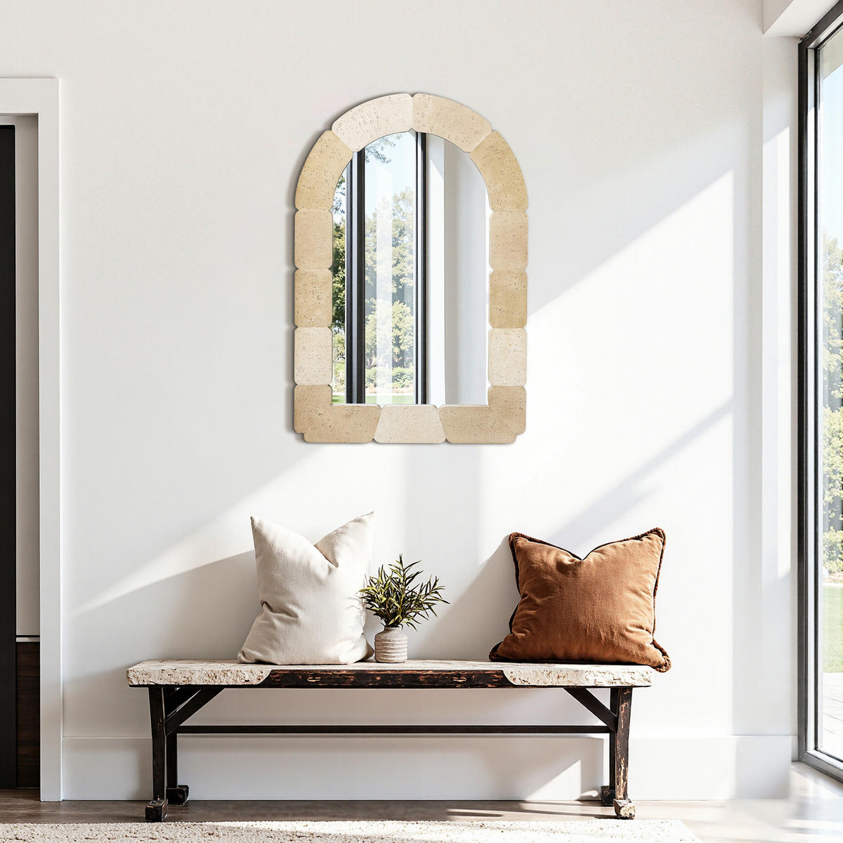 78CM H Bogenförmiger Wandspiegel, Geeignet für Wohnzimmer, Schlafzimmer, Badezimmer und Flur Boho-Stil MDF-Material - Beige/Hellgelb, Holz/Kunststoff (78/3/52cm) - Hometopia