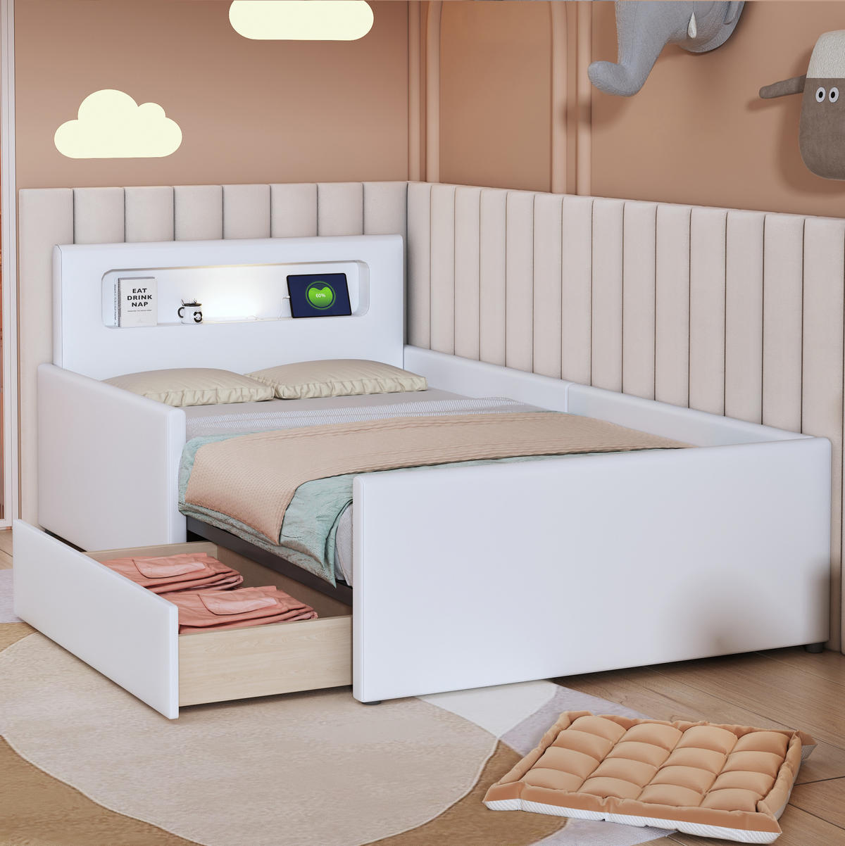 KINDERBETT 90/200 cm aus Kunstleder mit Nachtlicht und USB-Anschluss Weiß - Weiß, Textil (90/200cm) - Modenvie
