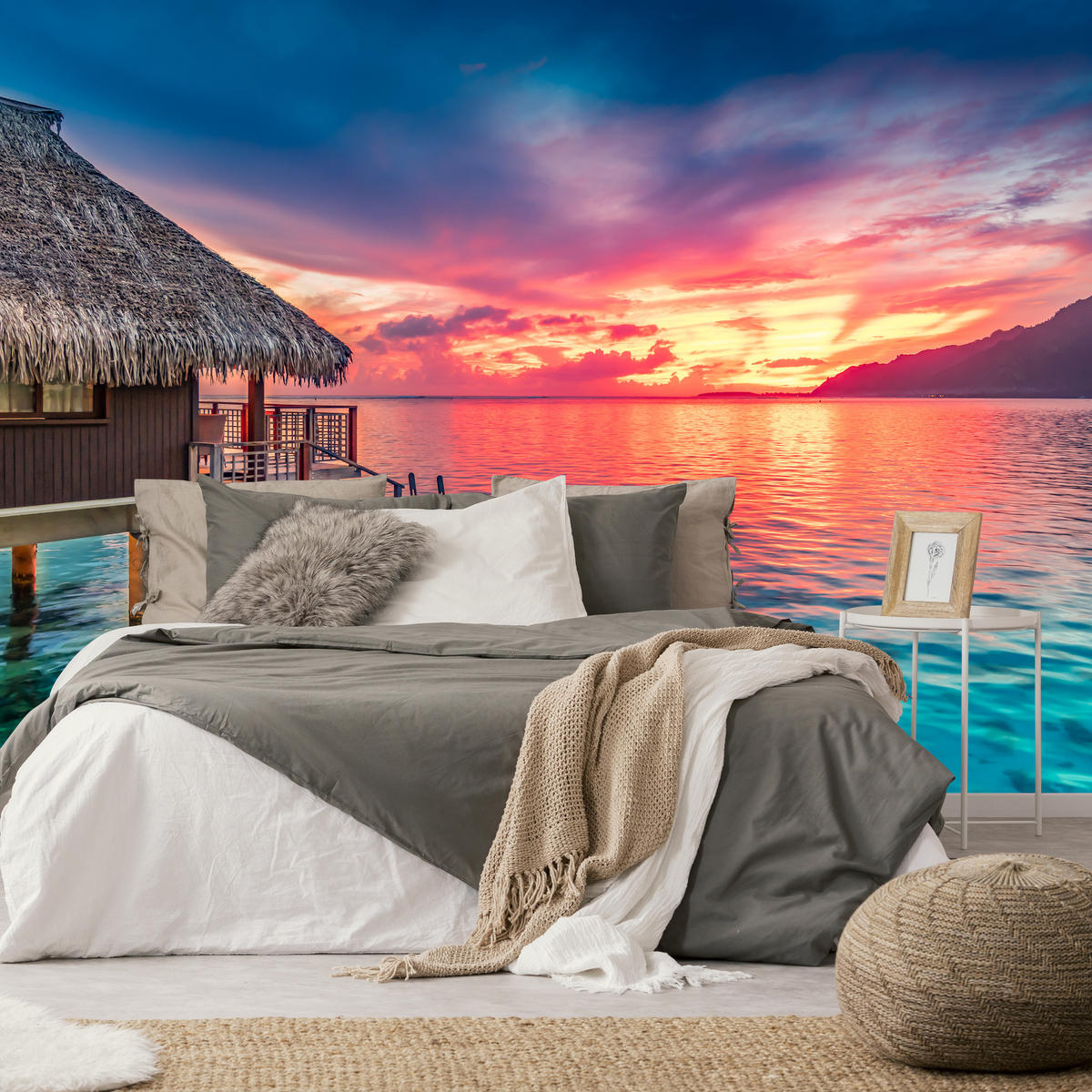 FOTOTAPETE für Wohnzimmer Sonnenuntergang Ozean Holzhütte 200x140 - Türkis/Blau, Papier (200/140cm) - Muralo