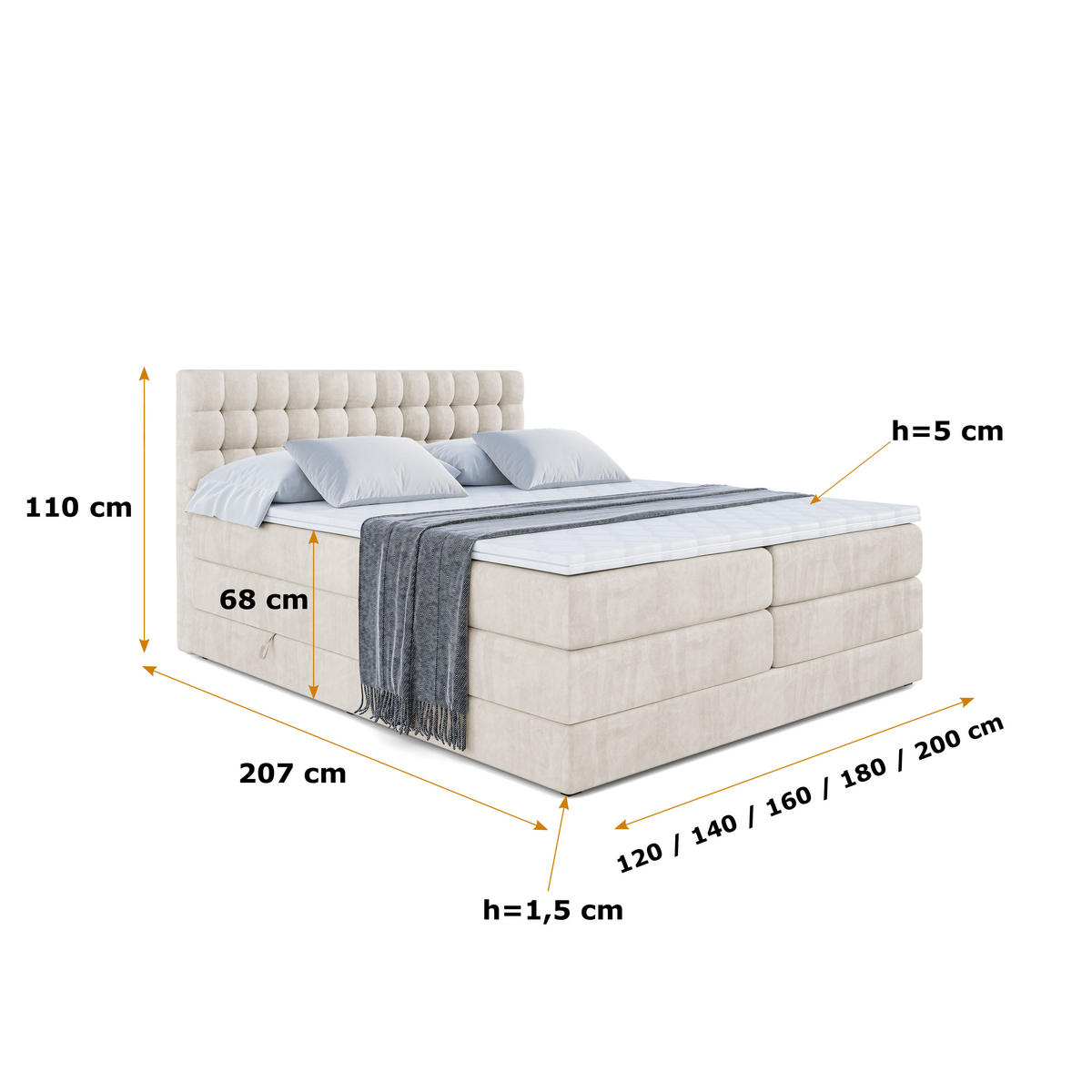 BOXSPRINGBETT VIONE KING - 120 x 200 - H3/H4 - Ecru - Ecru, Holzwerkstoff (120/200cm) - ALTDECOR