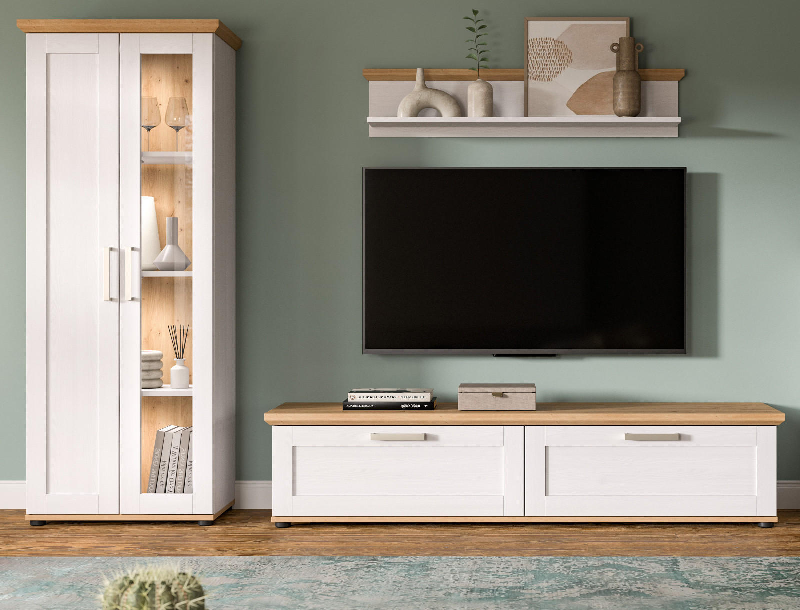 WOHNWAND 3-teilig weiß Lärche, Eiche Artisan 240 cm Landhaus, Schrankwand mit viel Stauraum - Silberfarben/Schwarz, Holzwerkstoff/Kunststoff (240/161/40cm) - Inn.Furn