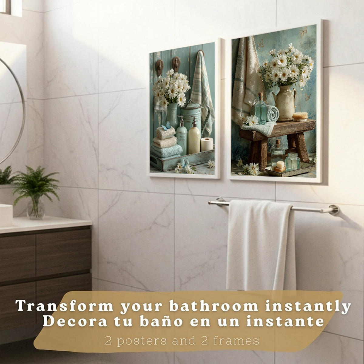 PLAKÁT Sada 2 dekorativních koupelnových tisků, květinové v shabby chic Bílý rám A3 - bílá, papír (42/29.7/3cm) - Nacnic