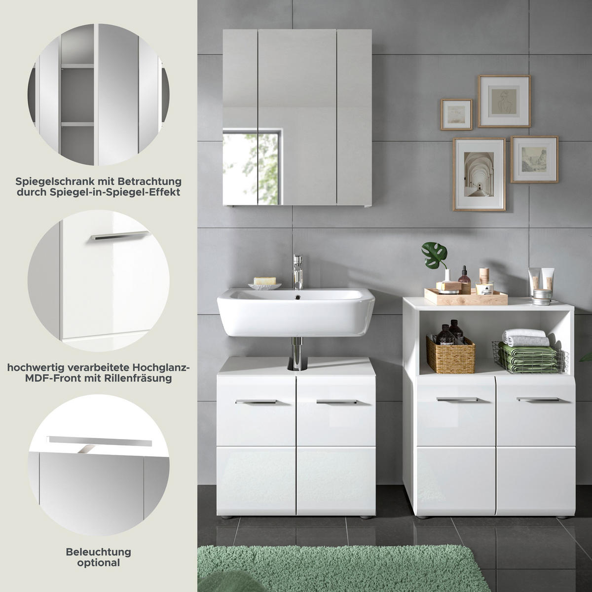 BADKOMBINATION Ice 135x185x30 cm weiß Hochglanz MDF 3tlg. - Weiß, Holz (135/185/30cm)