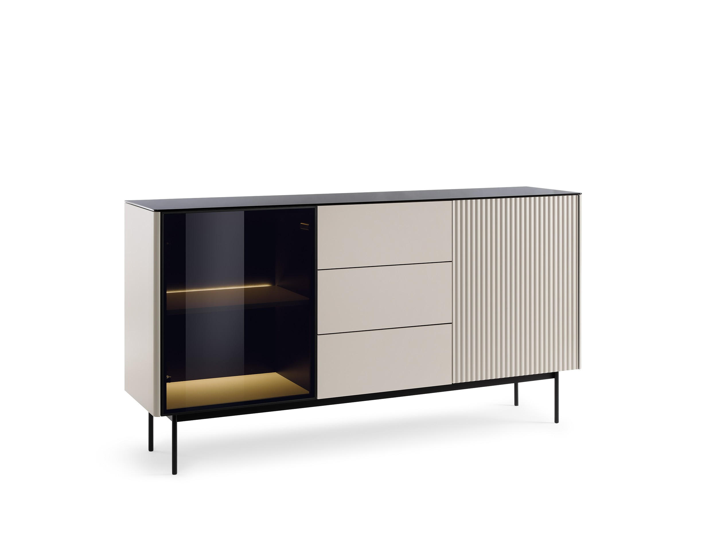 KOMMODE Rita Kaschmir, zweitürige, verglaste Kombikommode mit LED beleuchtung - Kaschmir/Schwarz, Holzwerkstoff (157/84/39cm) - Bettso
