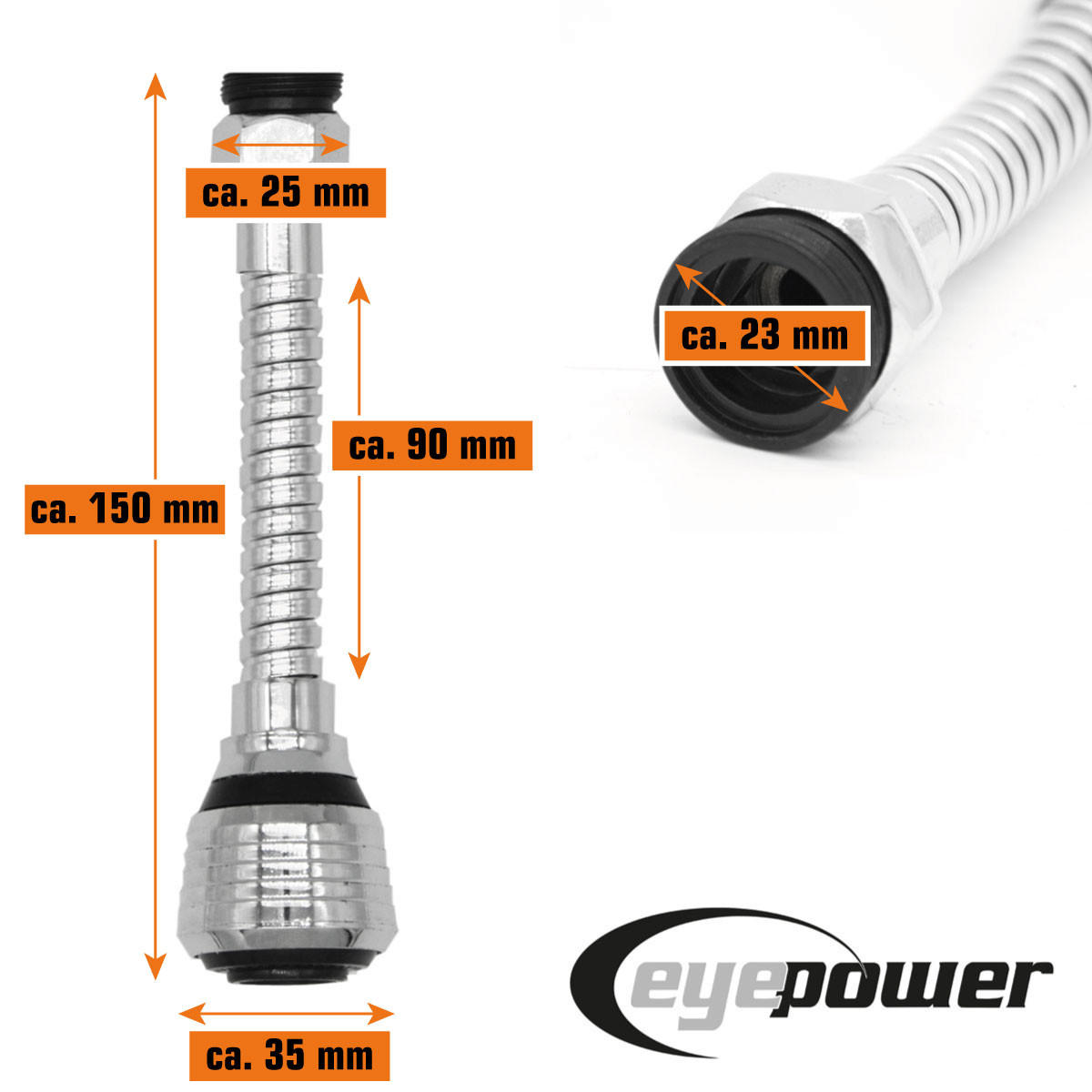 WASSERHAHN-VERLÄNGERUNG mit Flexischlauch 15,5 cm M22/M24 - Schwarz, Metall (3.5/3.5/15.5cm) - eyepower