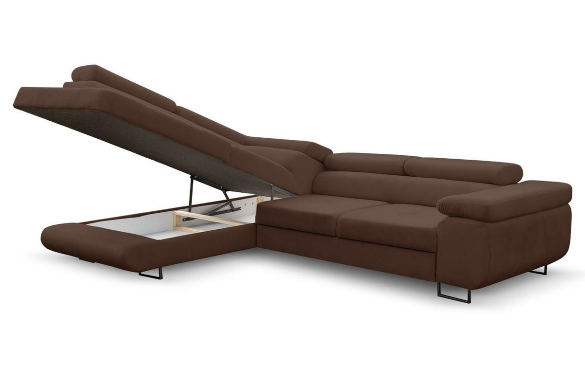 ECKSOFA Jerry in L-Form mit Schlaffunktion und Bettkasten, Farbe: Braun, Veloursstoff, Ottomane Links - Braun, Textil (202/275cm) - VENASI MÖBEL