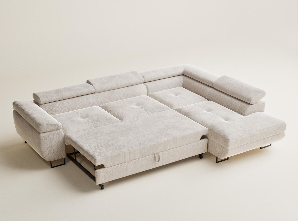 ECKSOFA Concord Creme Chenille-Stoff - Rechts Seite - Creme/Schwarz, Holz/Holzwerkstoff (277/203cm) - Maison de Reve