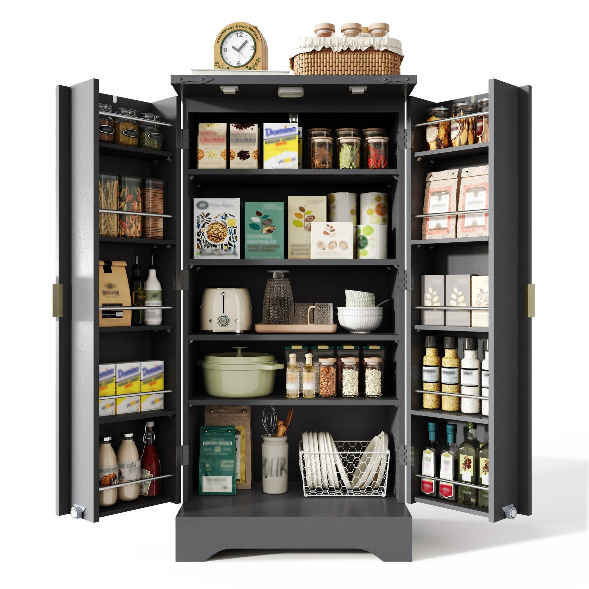 ANRICHTE 120/60,5/40 cm in Schwarz mit LED-Beleuchtung und verstellbaren Böden - Schwarz, Holzwerkstoff (60.5/120/40cm) - Flora Grace