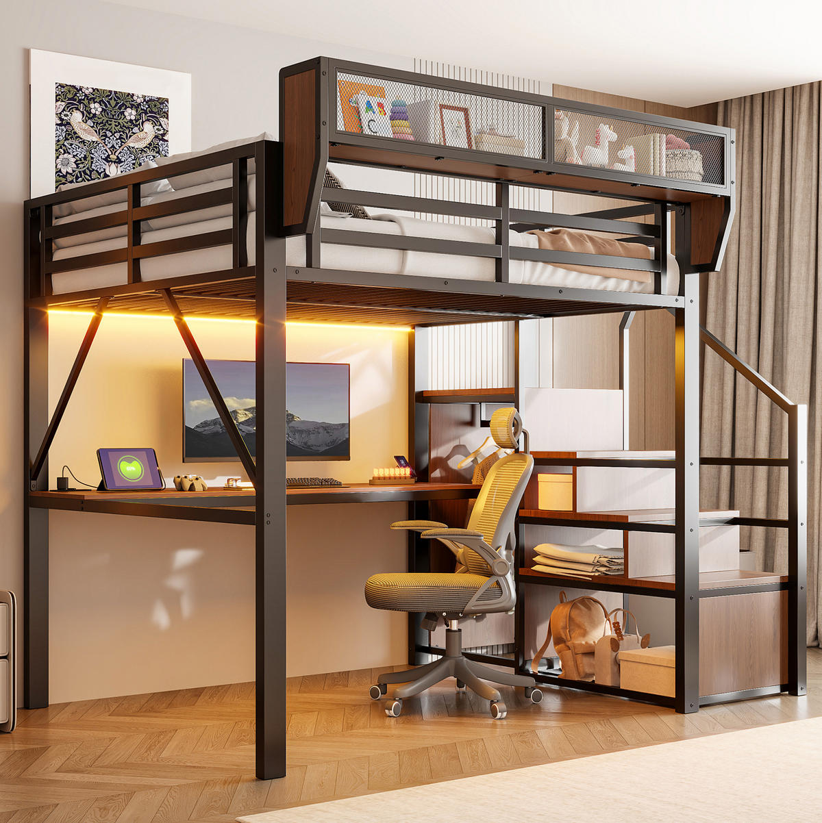 HOCHBETT 140/200 cm aus Metall mit Schreibtisch und LED, Schwarz - Schwarz, Metall (140/200cm) - OKMYHOME