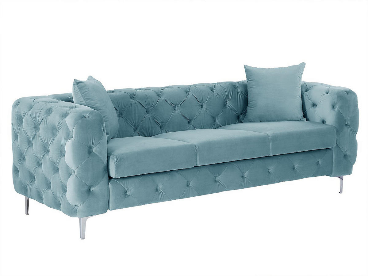 CHESTERFIELD-SOFA 3-Sitzer, 2-Sitzer & Chesterfield-Hocker - Samt - Pastellblau - EDWINA - Hellblau, Textil (91/76/220cm) - Vente-Unique