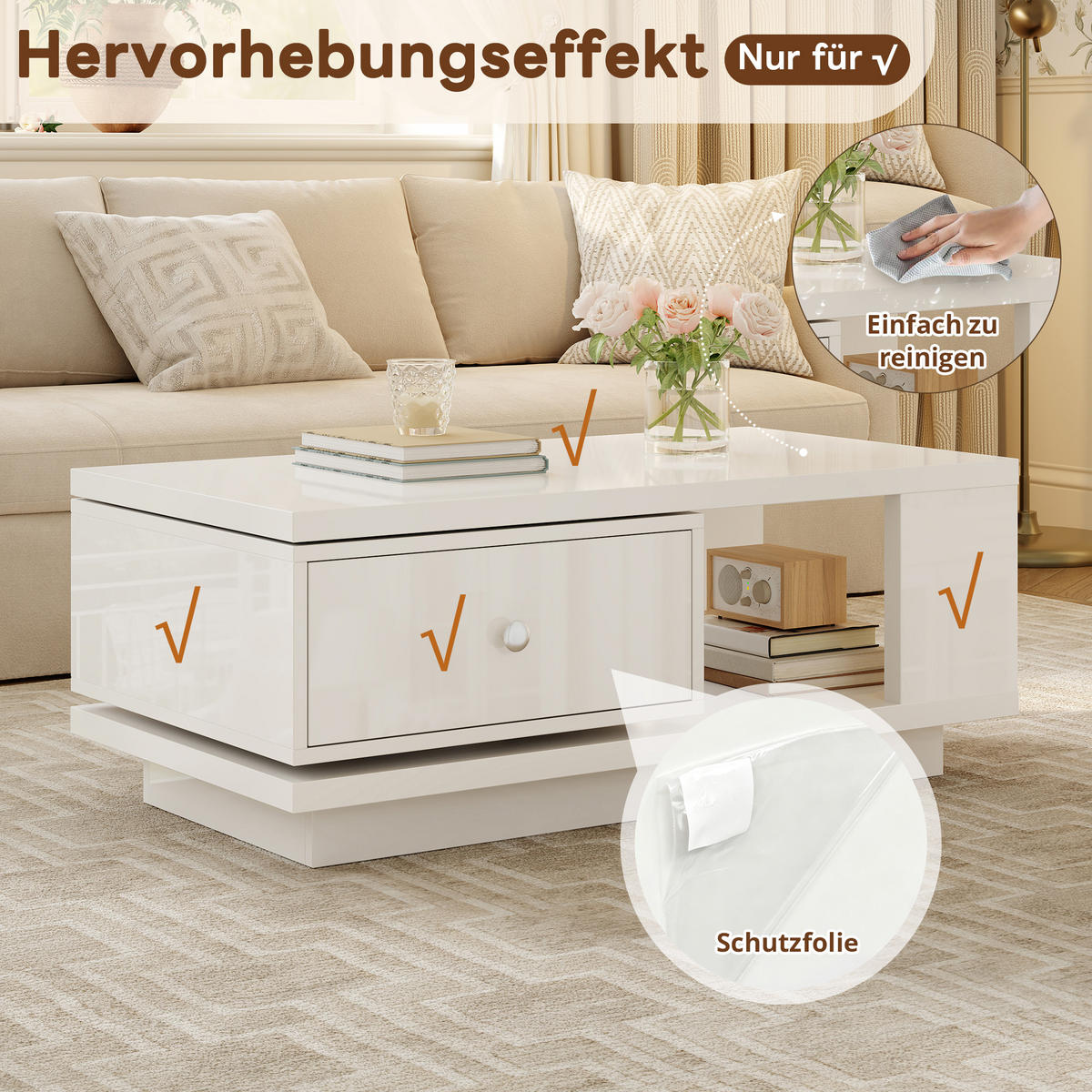 COUCHTISCH mit drehbarer Schublade und offenem Fach - Weiß, Holzwerkstoff (48/90/35cm) - FLIEKS