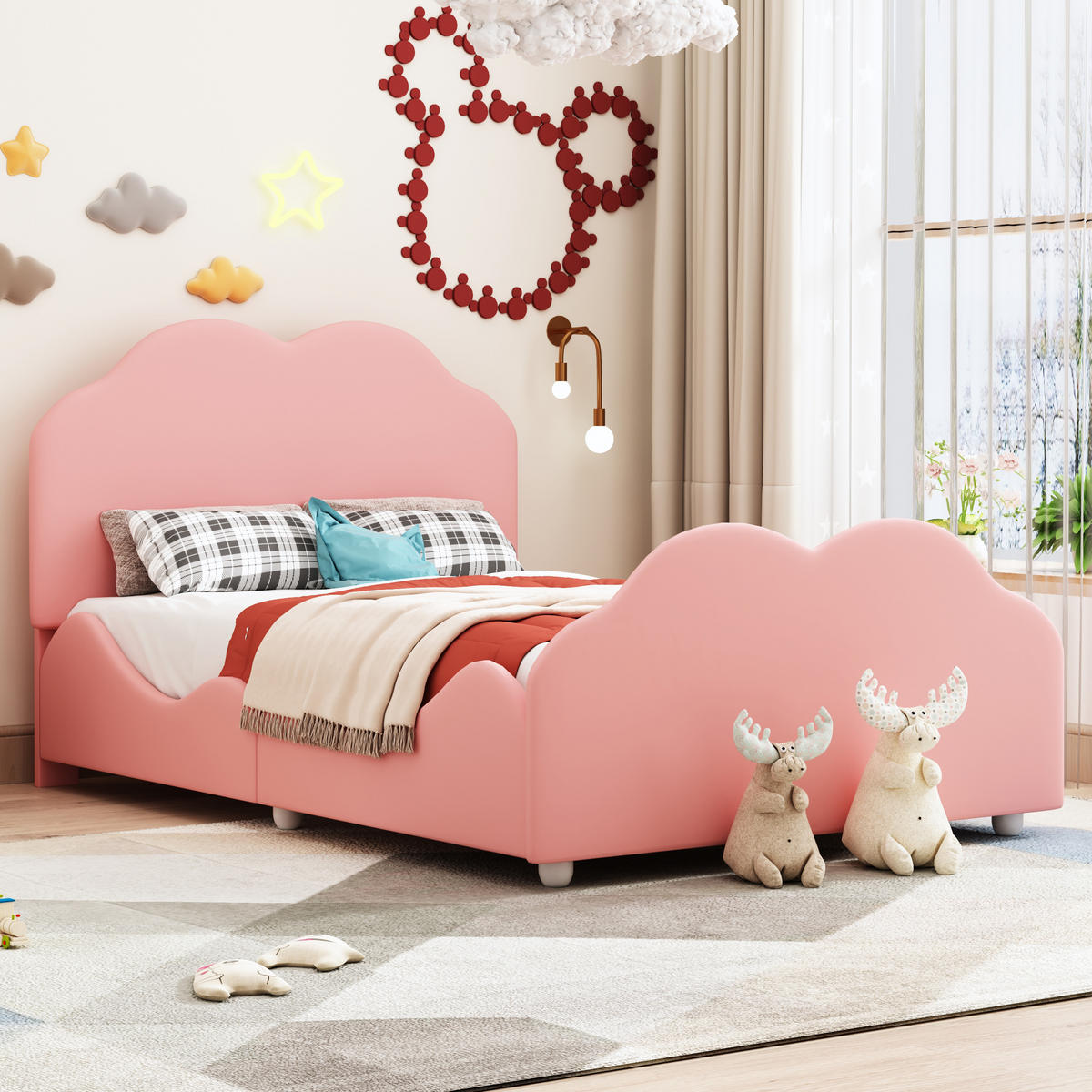 POLSTERBETT 90/200 cm rosa hohes Geländer-Kinderbett mit Wolkenkopf- und Fußteil - Pink, Textil (90/200cm) - OKWISH