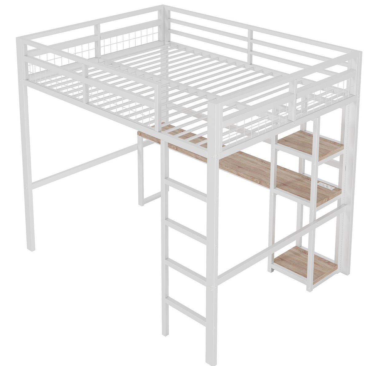 HOCHBETT 140/200 cm Weiß mit Schreibtisch und USB- sowie Type-C-Anschlüssen aus Eisenrahmen - Weiß, Metall (140/200cm) - OKWISH