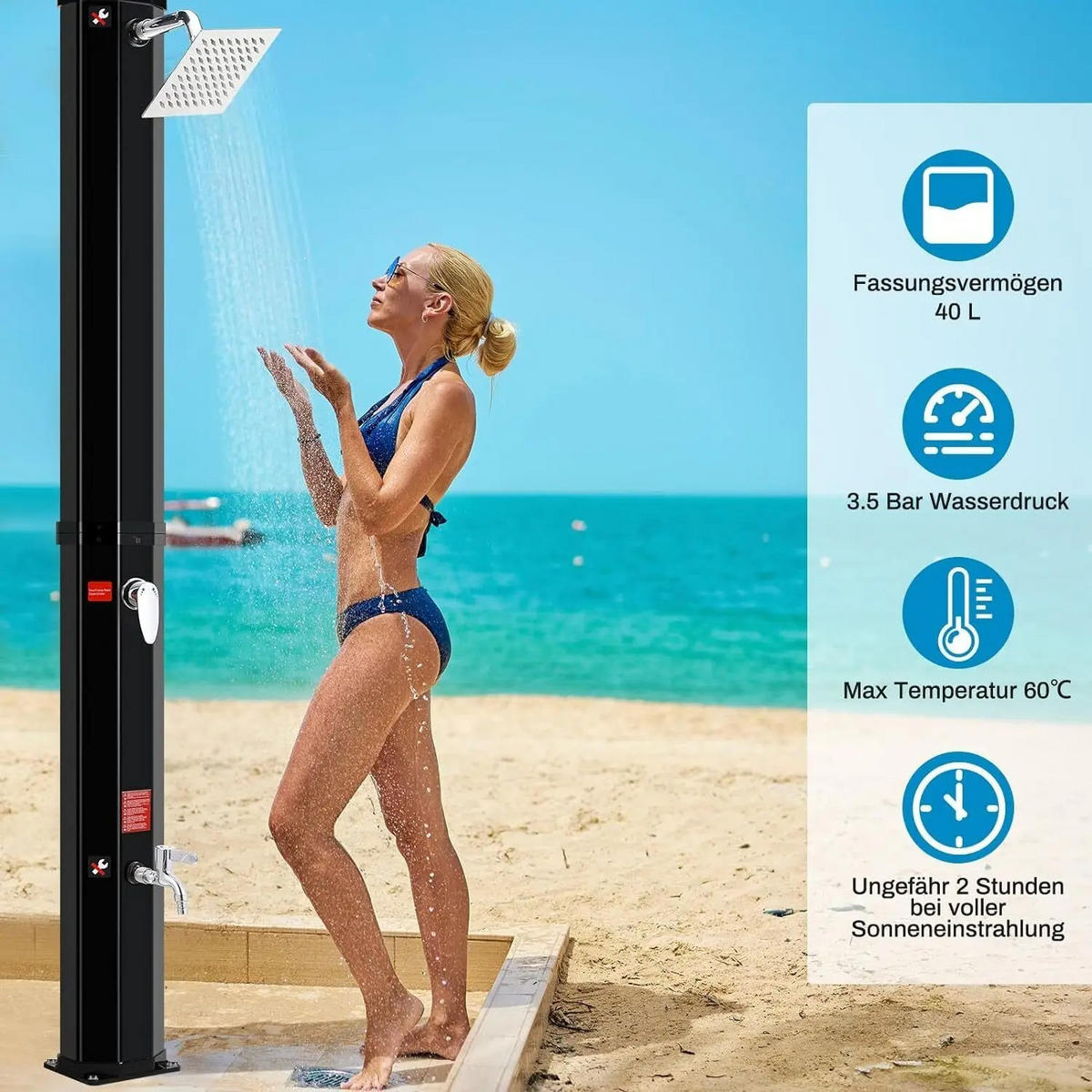SOLARDUSCHE mit Duschkopf, 35L Kalten Heißer Schwarz für Garten Strand Pool - Schwarz, Kunststoff (18/217/14.5cm) - Kaket