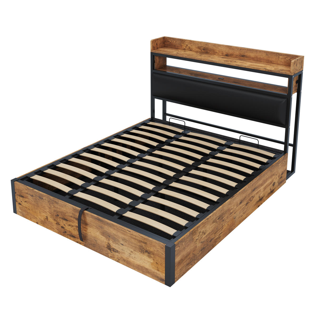 POLSTERBETT aus Metall, Holz und Stoff 180x200 cm Schwarz mit USB-Anschlüssen, hydraulischem Bettkasten und Kopfteilablage - Schwarz, Metall (180/200cm) - Modfu