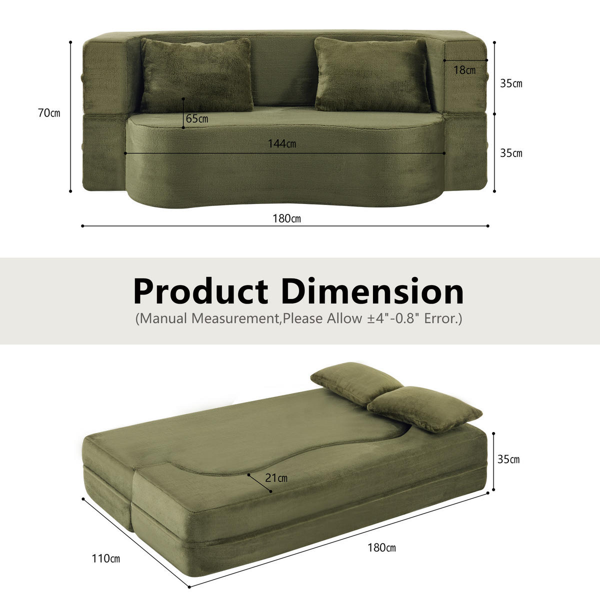 SCHLAFSOFA 2-in-1 als Sofa und Gästebett mit 2 Kissen und weichem Kurzplüschbezug, Grün - Grün, Kunststoff (180/70/55cm) - Redom