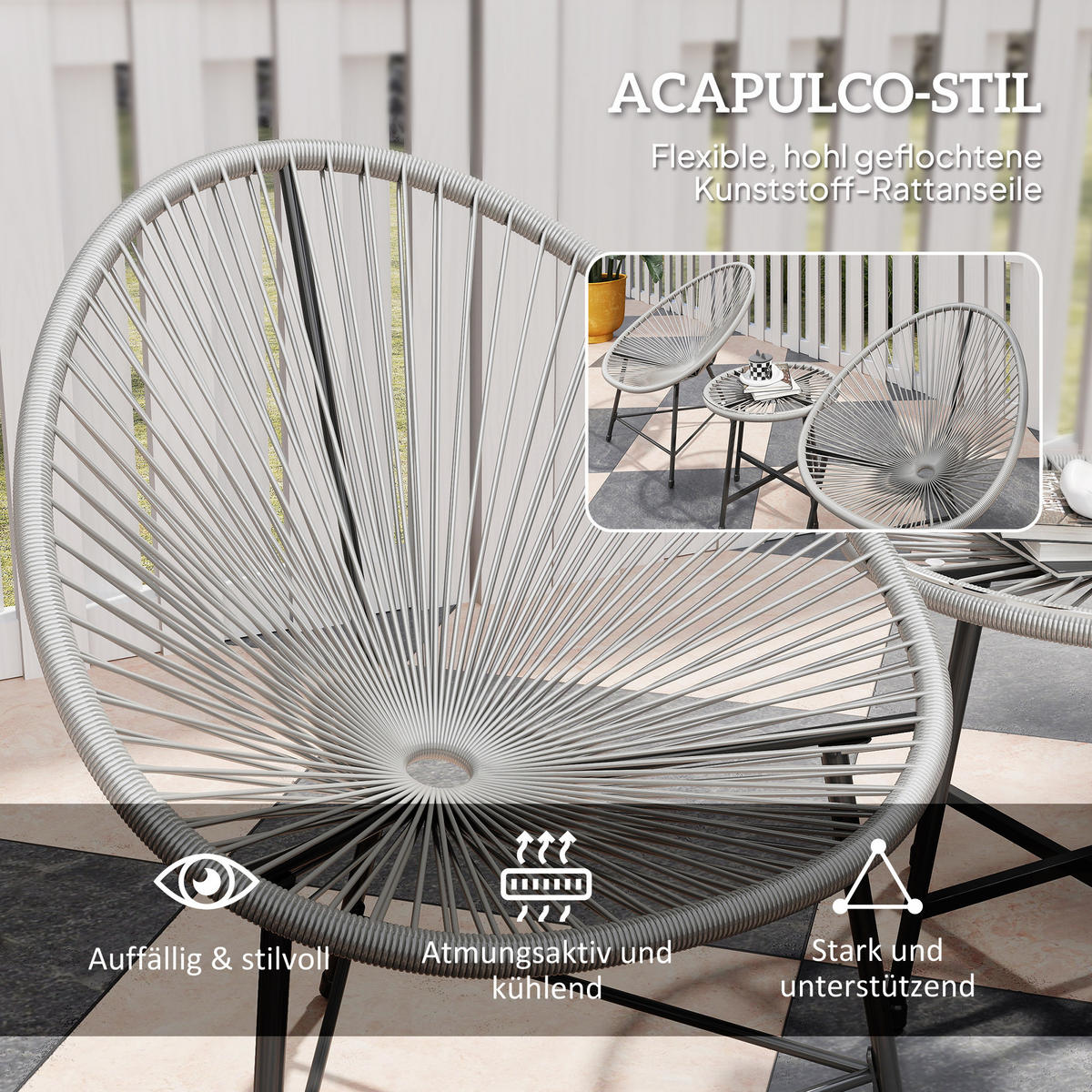 GARTENSET 3 TLG. Tisch mit Glasplatte Hellgrau - Schwarz/Grau, Kunststoff/Metall - Outsunny