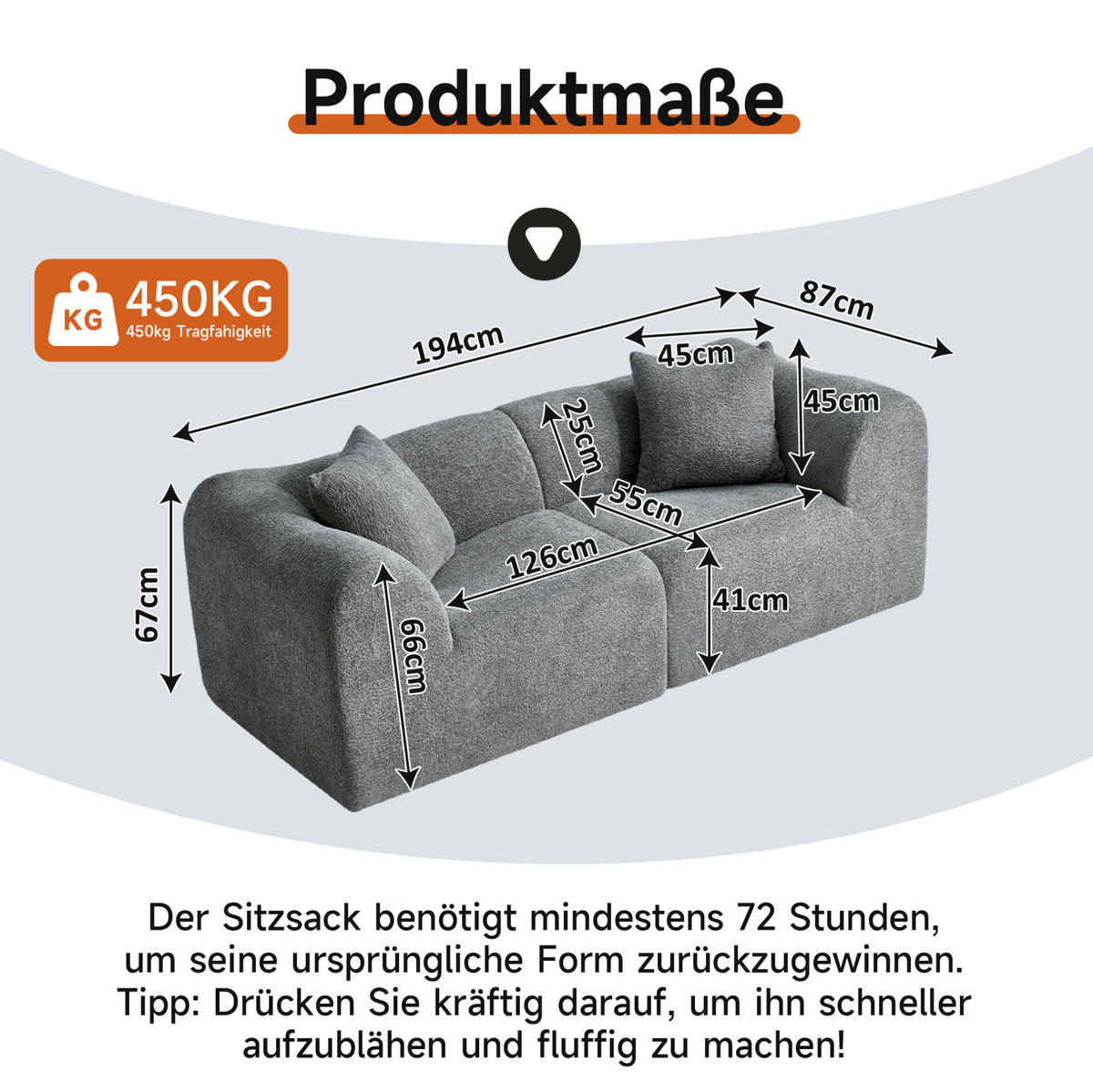 2-SITZER 193/87/67 cm grau aus Samt platzsparend mit 2 Kissen - Grau, Textil (87/67/193cm) - OKWISH