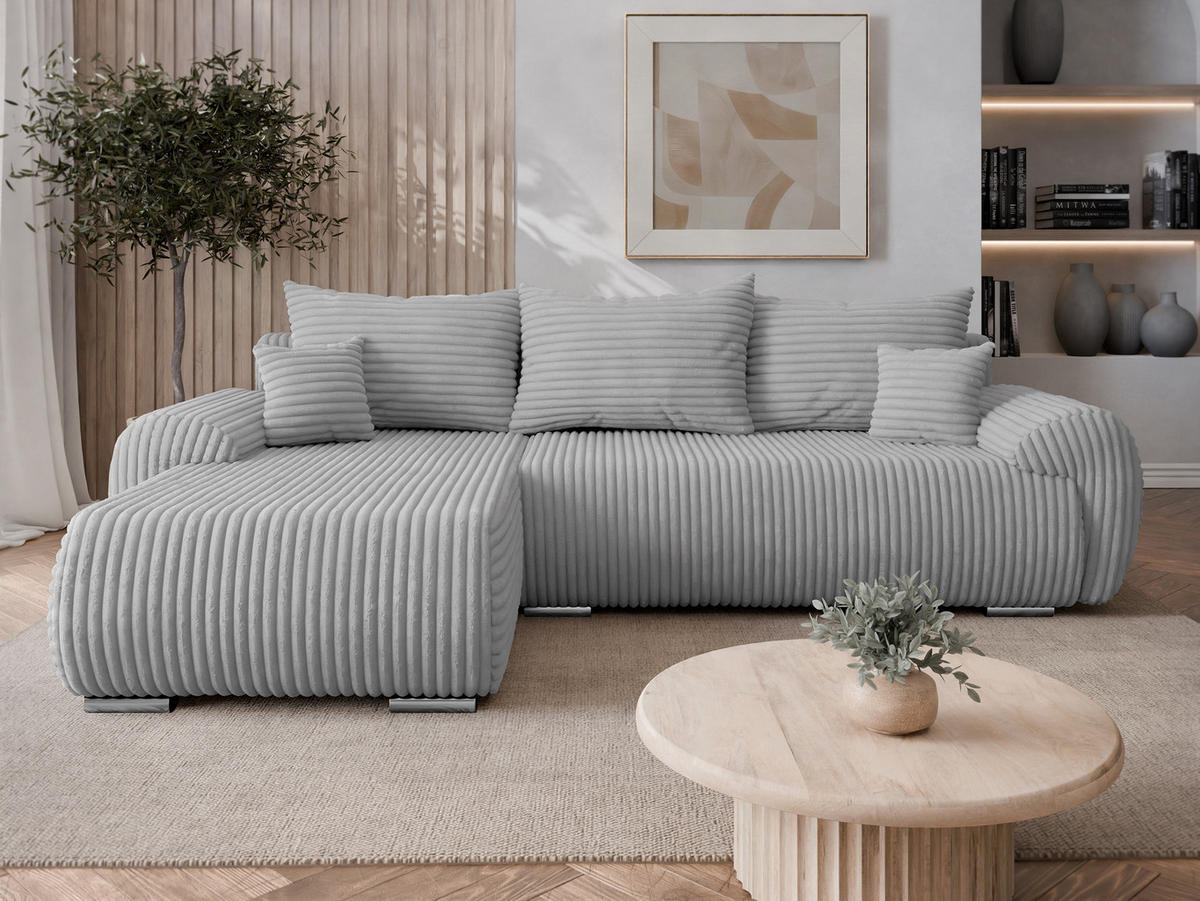 ECKSOFA Ubo L Cord, Seite: Links - Silberfarben/Hellgrau, Holz/Kunststoff (282/187cm) - MIRJAN24