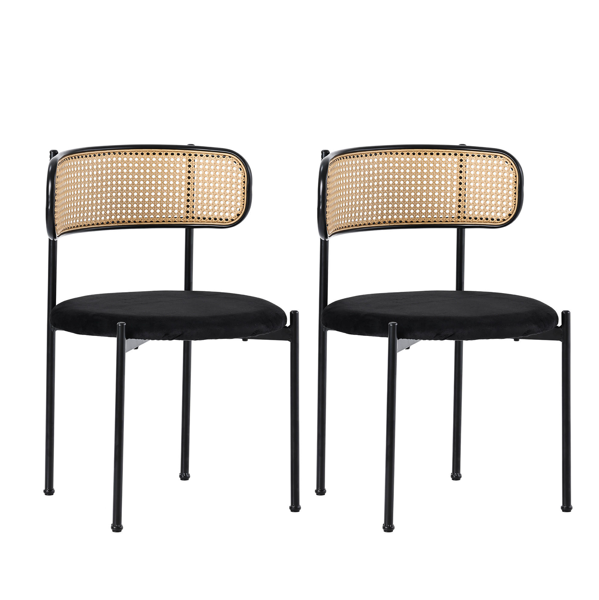 ESSZIMMERSTUHL 2er-Set Samt mit Rattan-Rückenlehne Schwarz - Schwarz, Metall (40/75/45cm) - Meubliv
