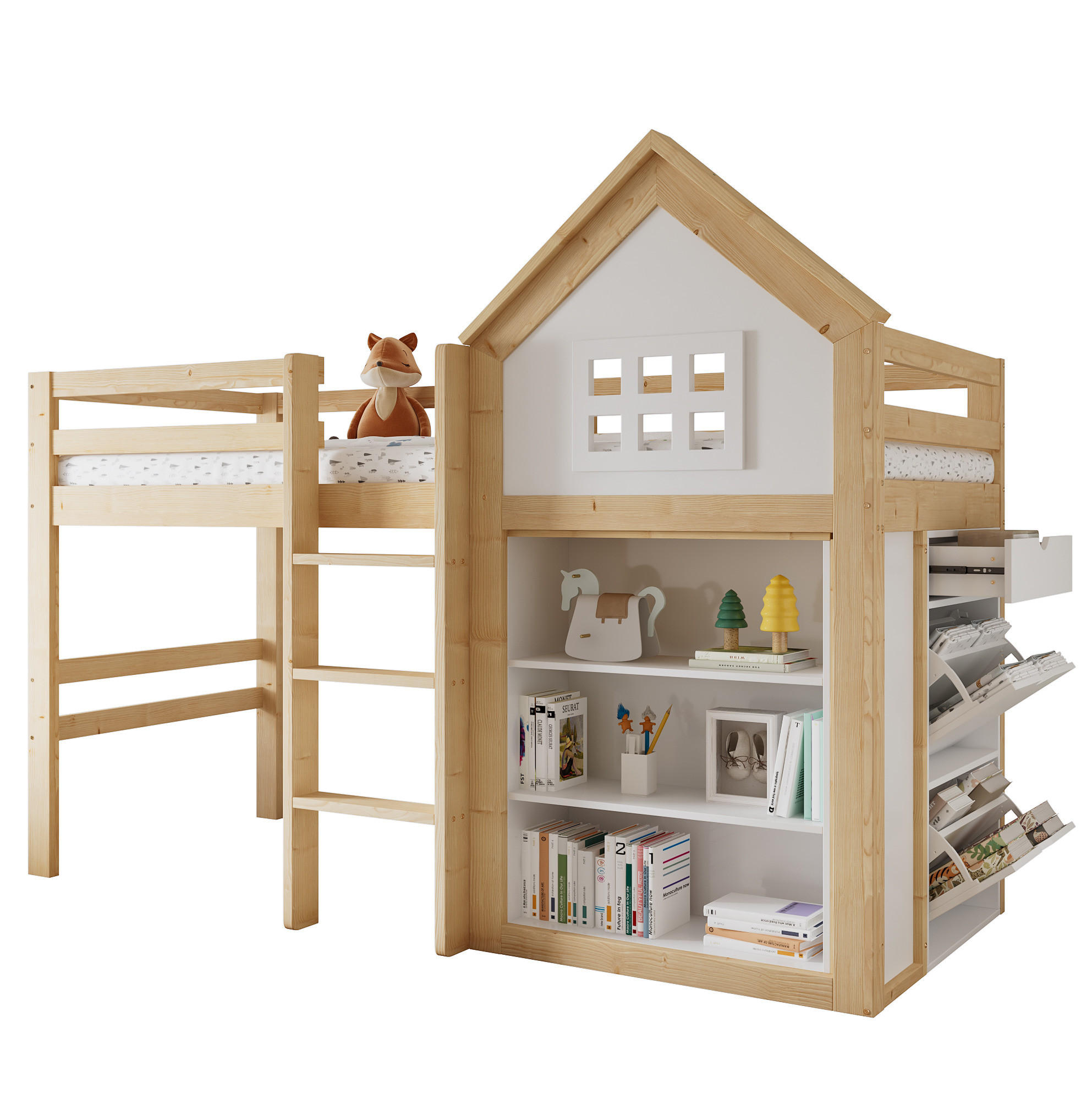 PATROVÁ postel 90/200 cm bílá/přírodní, vyrobená ze dřeva a MDF s úložným prostorem - bílá, dřevo (90/200cm) - OKWISH