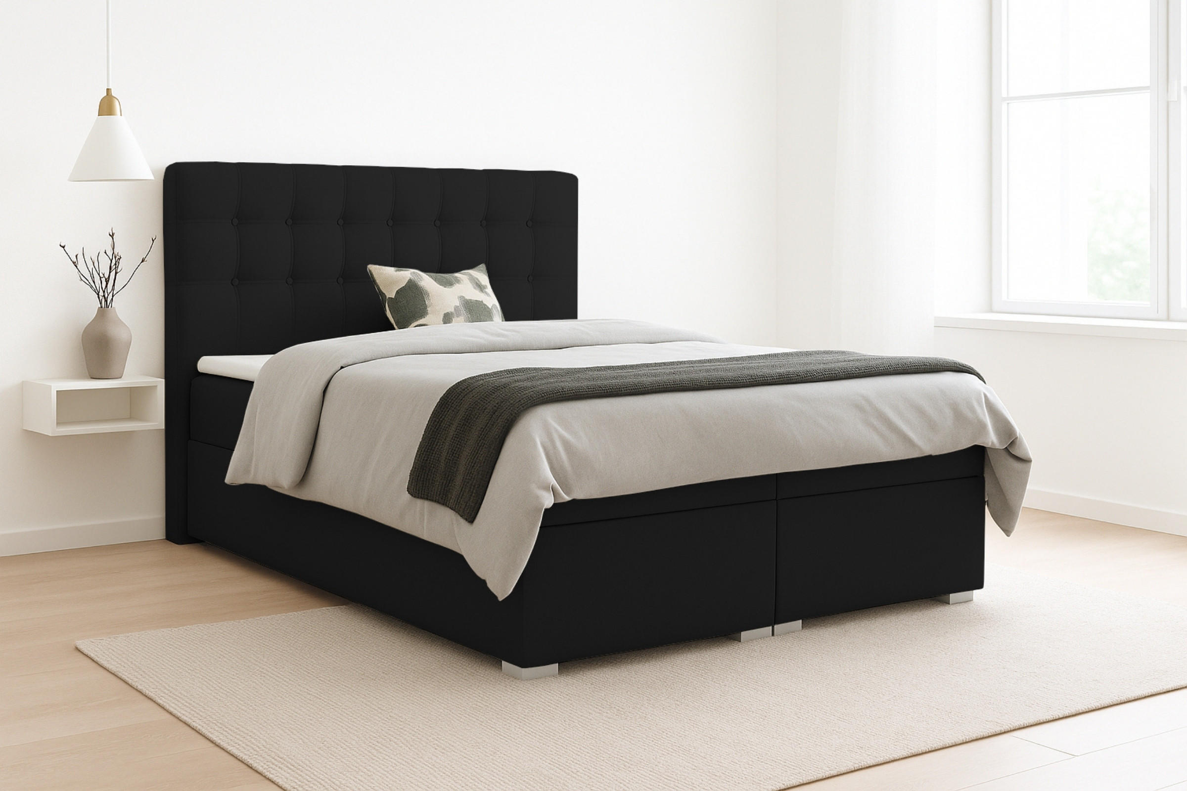 BOXBETT CLAUDIA 180/200 Velour Schwarz mit Bonell-Federkernmatratzen H3 - Schwarz, Holzwerkstoff (180/200cm) - Deine Möbel 24